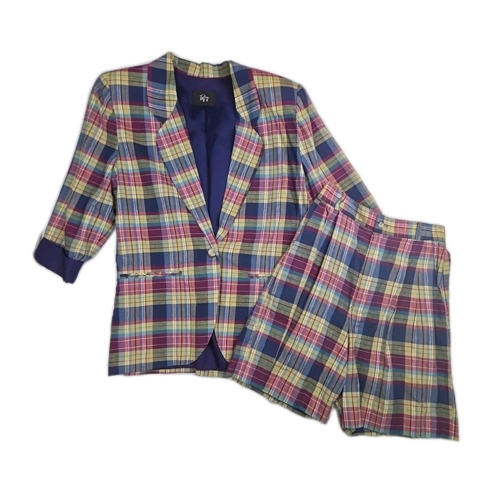 Vtg 80s Tofy Plaid Blazer Pleated Shorts Set Sz 6 ‎ Academia Power Preppy Madras